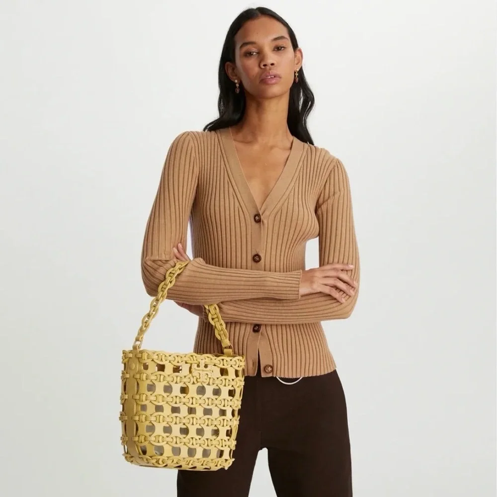 NWT Tory Burch Colorblock Ribbed Button-front Cardigan Sweater In Camel